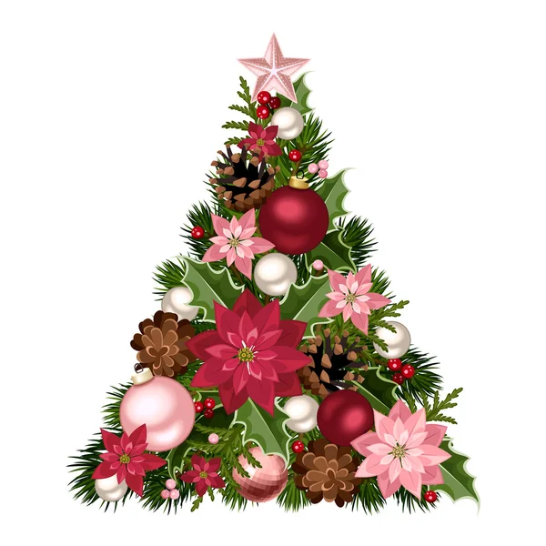 Kerstboom met rode en roze decoraties. Vectorillustratie. — Stockvector