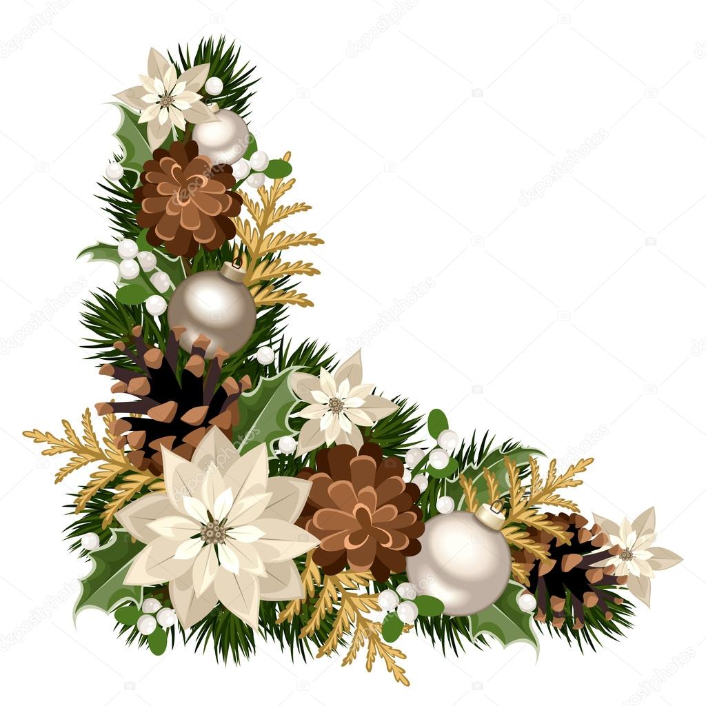 Vector Christmas decorative corner with fir branches, silver balls, poinsettia flowers, cones, holly and mistletoe.