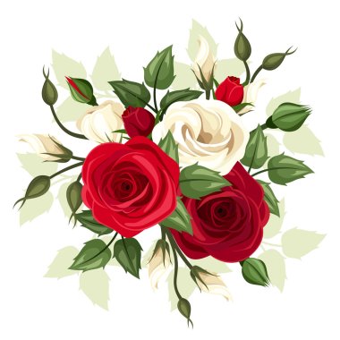 Red and white roses and lisianthus flowers. Vector illustration. clipart