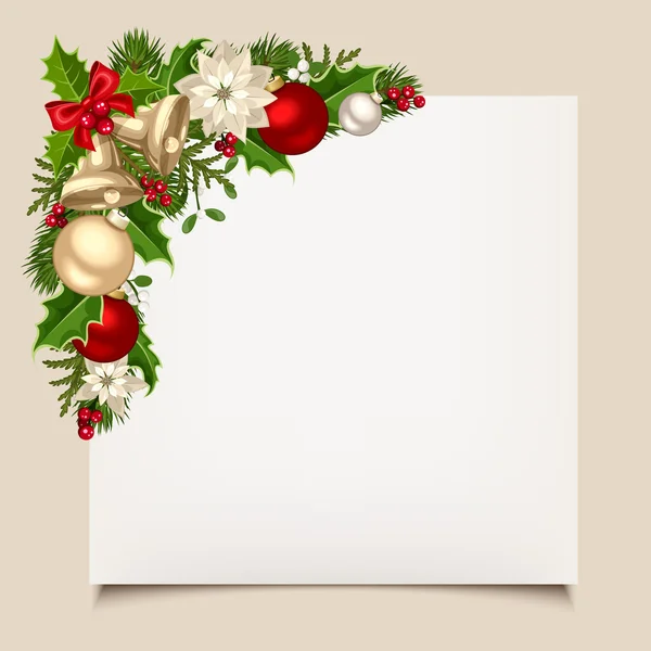 Cartão de Natal com sinos, azevinho, bolas e poinsettia. Vetor eps-10 . — Vetor de Stock