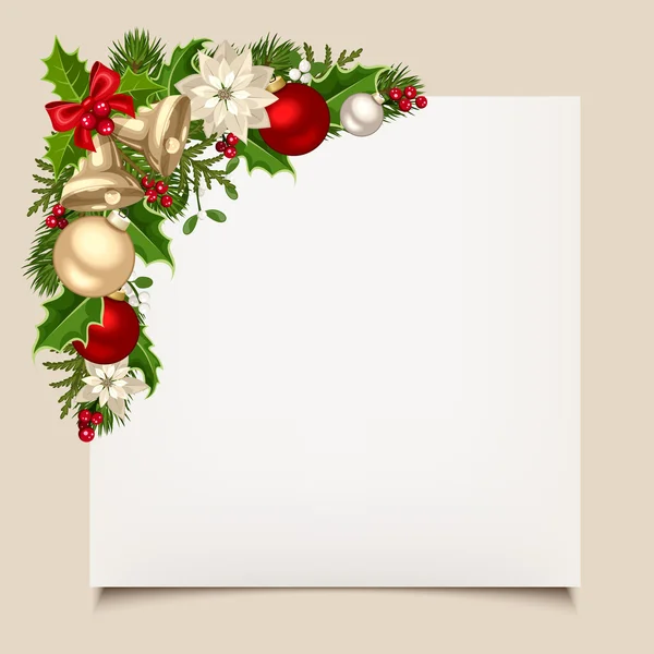 Kerstkaart met klokken, holly, ballen en poinsettia. Vector eps-10. — Stockvector