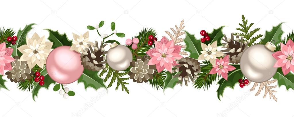 Christmas seamless garland with fir branches, pink and silver balls, holly, poinsettia, cones and mistletoe. Vector illustration.