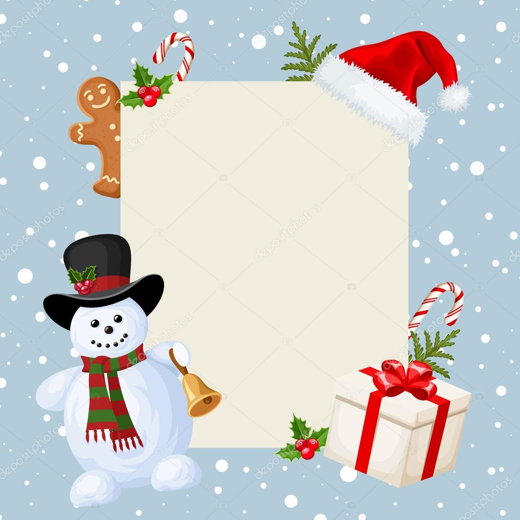 Christmas card with snowman, decorations and falling snow. Vector illustration.