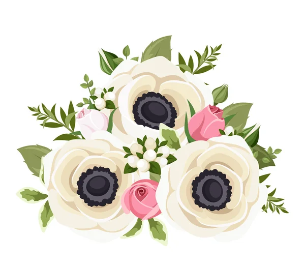 Boeket van witte anemone bloemen en roze rosebuds. Vectorillustratie. — Stockvector