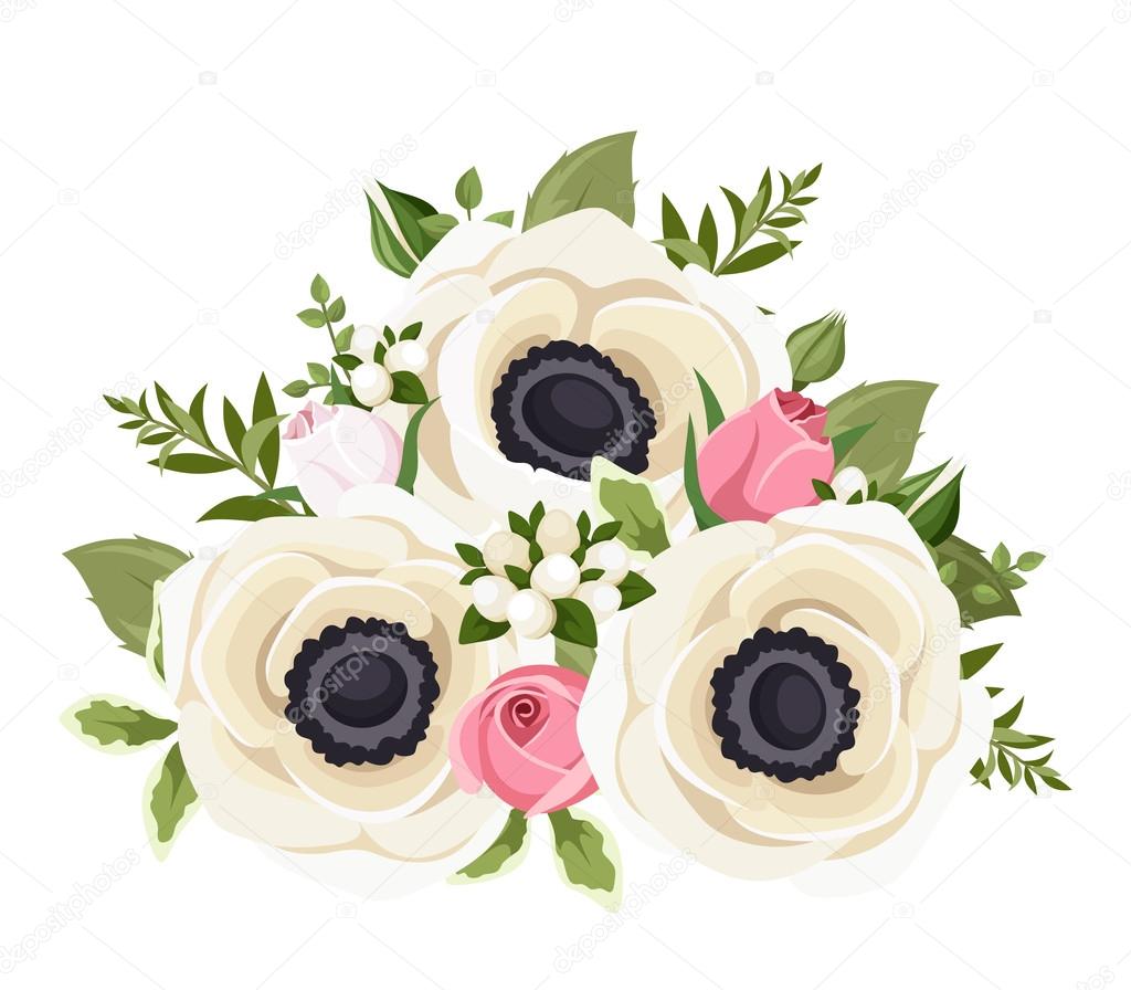 Bouquet of white anemone flowers and pink rosebuds. Vector illustration.