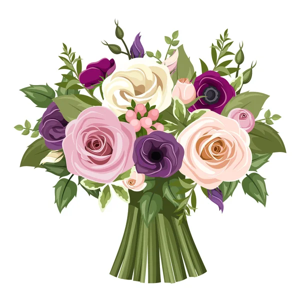 Kleurrijke rozen en lisianthus bloemen boeket. Vectorillustratie. — Stockvector