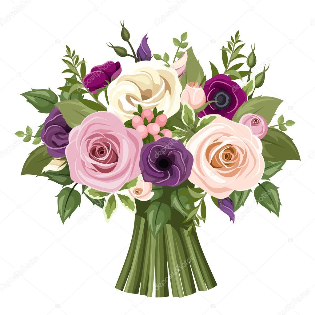 Bouquet of colorful roses and lisianthus flowers. Vector illustration.