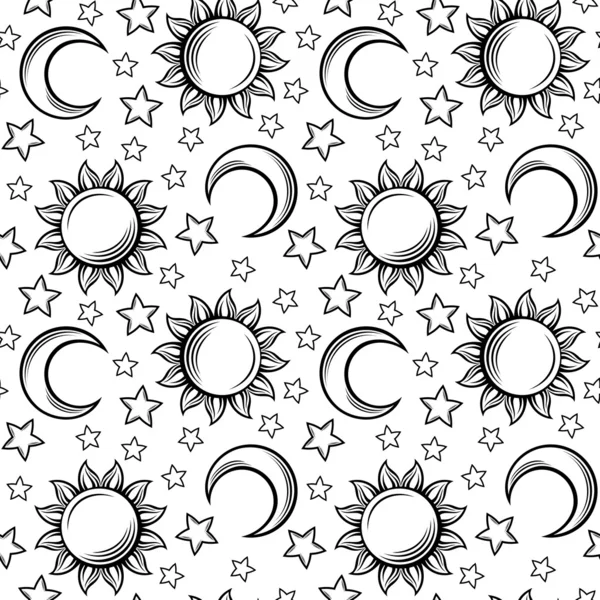 Nahtloses Muster mit Sonnen, Monden und Sternen. Vektorillustration. — Stockvektor