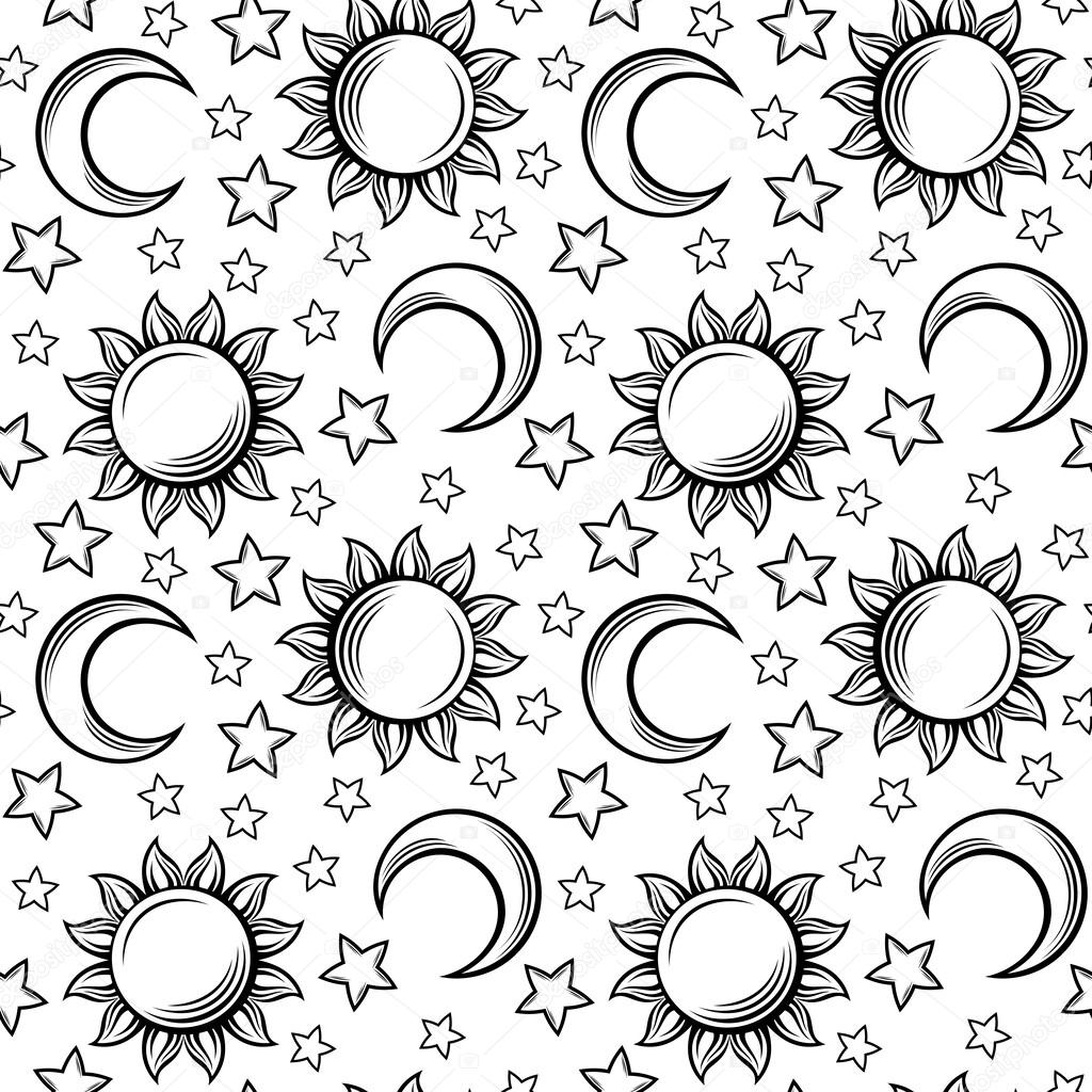 Seamless pattern with suns, moons and stars. Vector illustration.