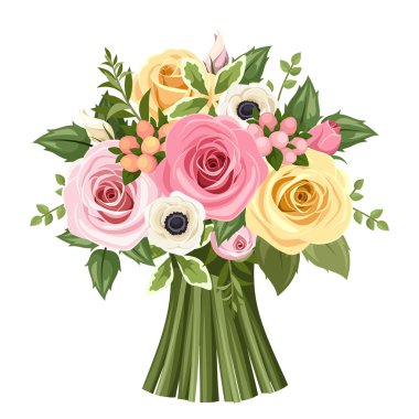Bouquet of colorful roses and anemone flowers. Vector illustration. clipart