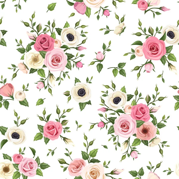 Seamless pattern with pink and white roses, lisianthus and anemone flowers — Stock Vector