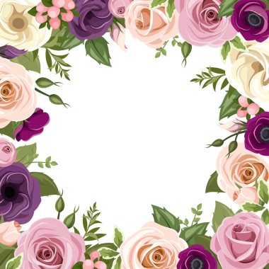 Renkli gül ve lisianthus çiçekli çerçeve. Vektör çizim.