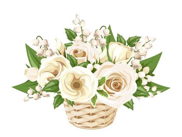 White roses, lisianthuses and lily of the valley in basket. Vector illustration. — Stock Vector