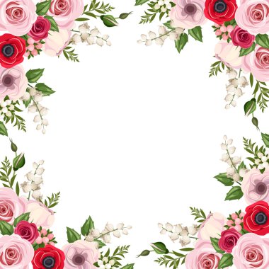 Kare kırmızı ve pembe güller, lisianthus ve anemon çiçeği çiçek ve lily vadi. Vektör.