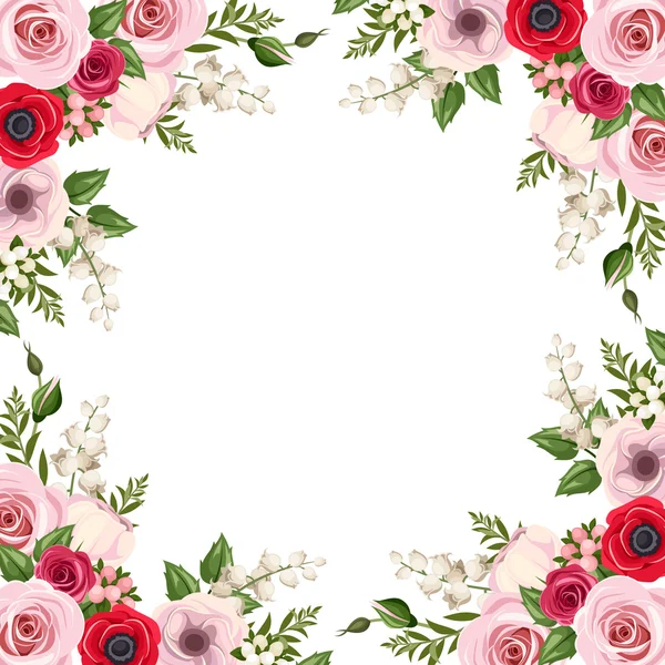 Frame with red and pink roses, lisianthus and anemone flowers and lily of the valley. Vector. — Stock Vector