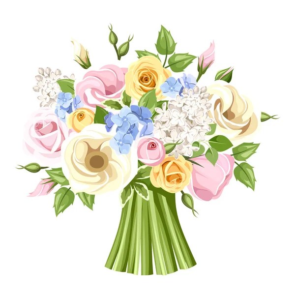 Bouquet di rose colorate, lisianthus e fiori lilla. Illustrazione vettoriale . — Vettoriale Stock