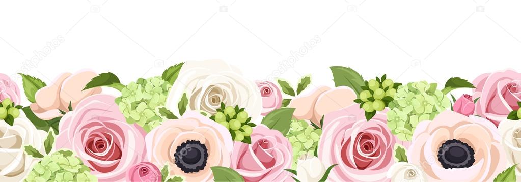 Horizontal seamless background with colorful roses, anemones and hydrangea flowers. Vector illustration.