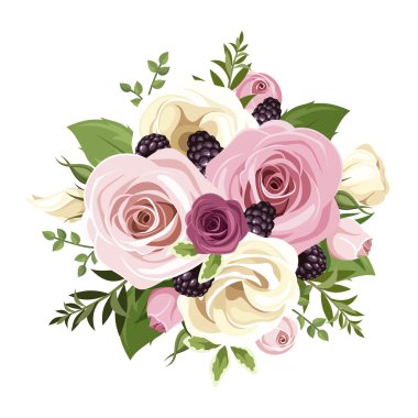 Pembe ve beyaz gül ve lisianthus çiçekler. Vektör çizim.