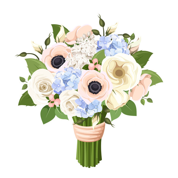 Bouquet of roses, lisianthus, anemones and hydrangea flowers. Vector illustration.