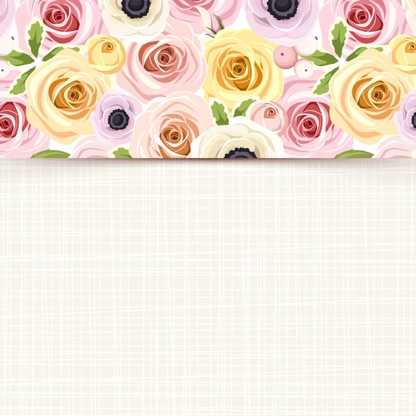 Cartão com rosas coloridas, lisianthus e flores de anêmona. Vetor eps-10 . — Vetor de Stock