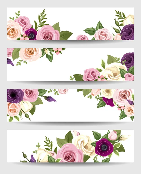 Banderas vectoriales con rosas de colores, lisianthus y flores anémonas . — Vector de stock