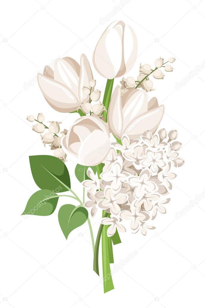 Bouquet of white tulips, lilac flowers and lily of the valley. Vector illustration.