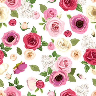 Sorunsuz imkanı desen renkli gül, lisianthus ve anemon çiçeği çiçek. Vektör çizim.