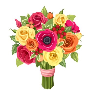 Renkli gül, lisianthus ve anemon çiçekler buket. Vektör çizim.
