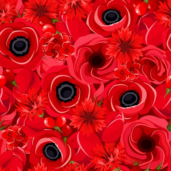 Naadloze achtergrond met verschillende rode bloemen. Vectorillustratie. — Stockvector