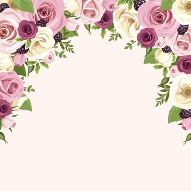 Pembe ve beyaz gül ve lisianthus çiçekler ile arka plan. Vektör çizim.