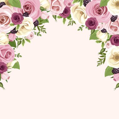 Background with pink and white roses and lisianthus flowers. Vector illustration. clipart