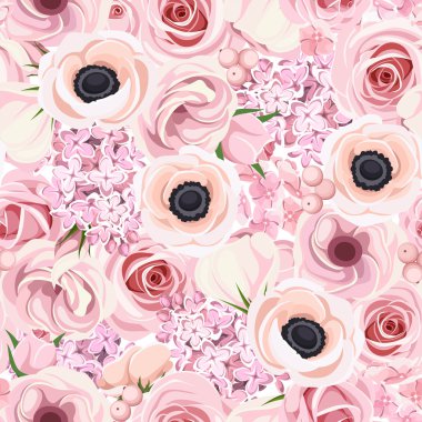 Seamless background with various pink flowers. Vector illustration. clipart