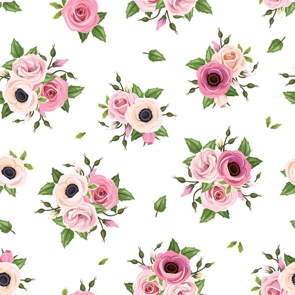 Sömlös mönster med rosa rosor, lisianthus och anemone blommor. Vektor illustration. — Stock vektor