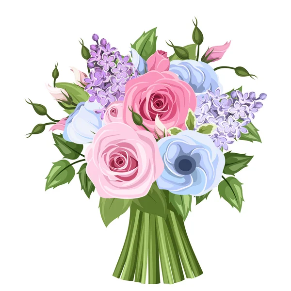 Bouquet di rose rosa, blu e viola, lisianthus e fiori lilla. Illustrazione vettoriale . — Vettoriale Stock