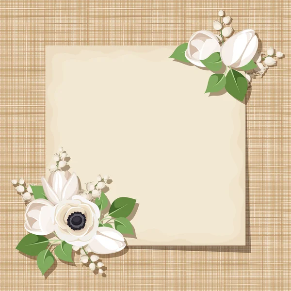 Vector card with white flowers on a sacking background. Eps-10. — Stock Vector