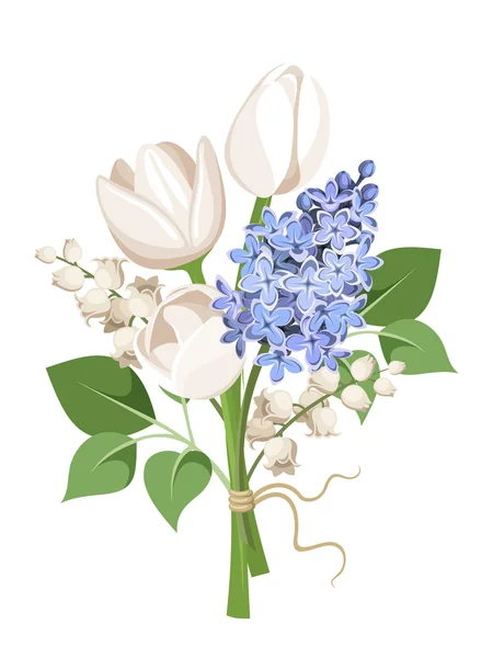 Bouquet of white tulips, blue lilac flowers and lily of the valley. Vector illustration. — Stock Vector