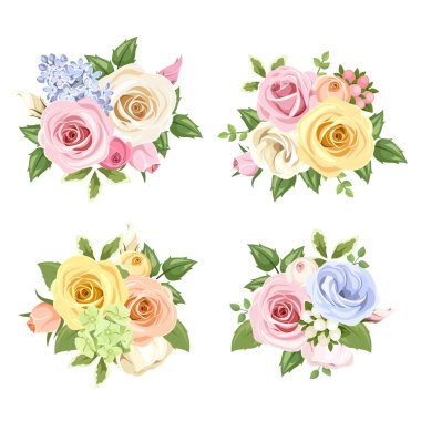 Renkli gül ve lisianthus Çiçek demetleri kümesi. Vektör çizim.