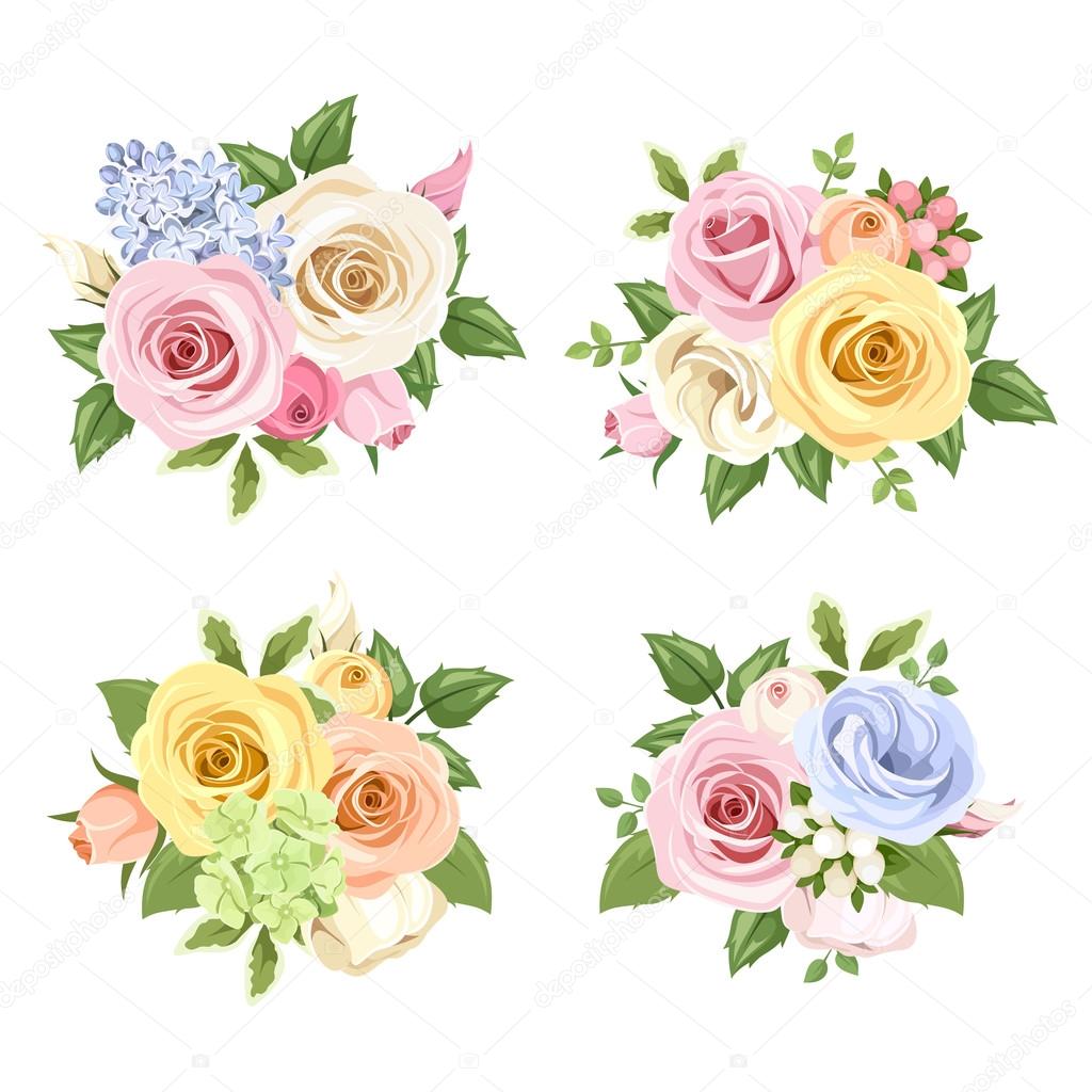 Set of bouquets of colorful roses and lisianthus flowers. Vector illustration.