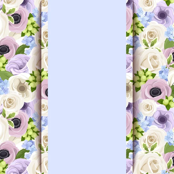 Tarjeta azul vectorial con rosas, lisiánimos, anémonas y flores de hortensias . — Vector de stock