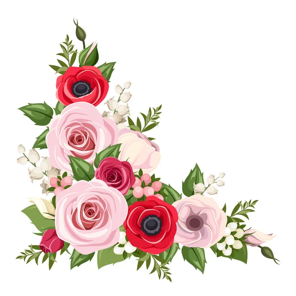 Rode en roze rozen, lisianthus en anemone bloemen en lelietje-van-dalen. Vector hoek achtergrond. — Stockvector