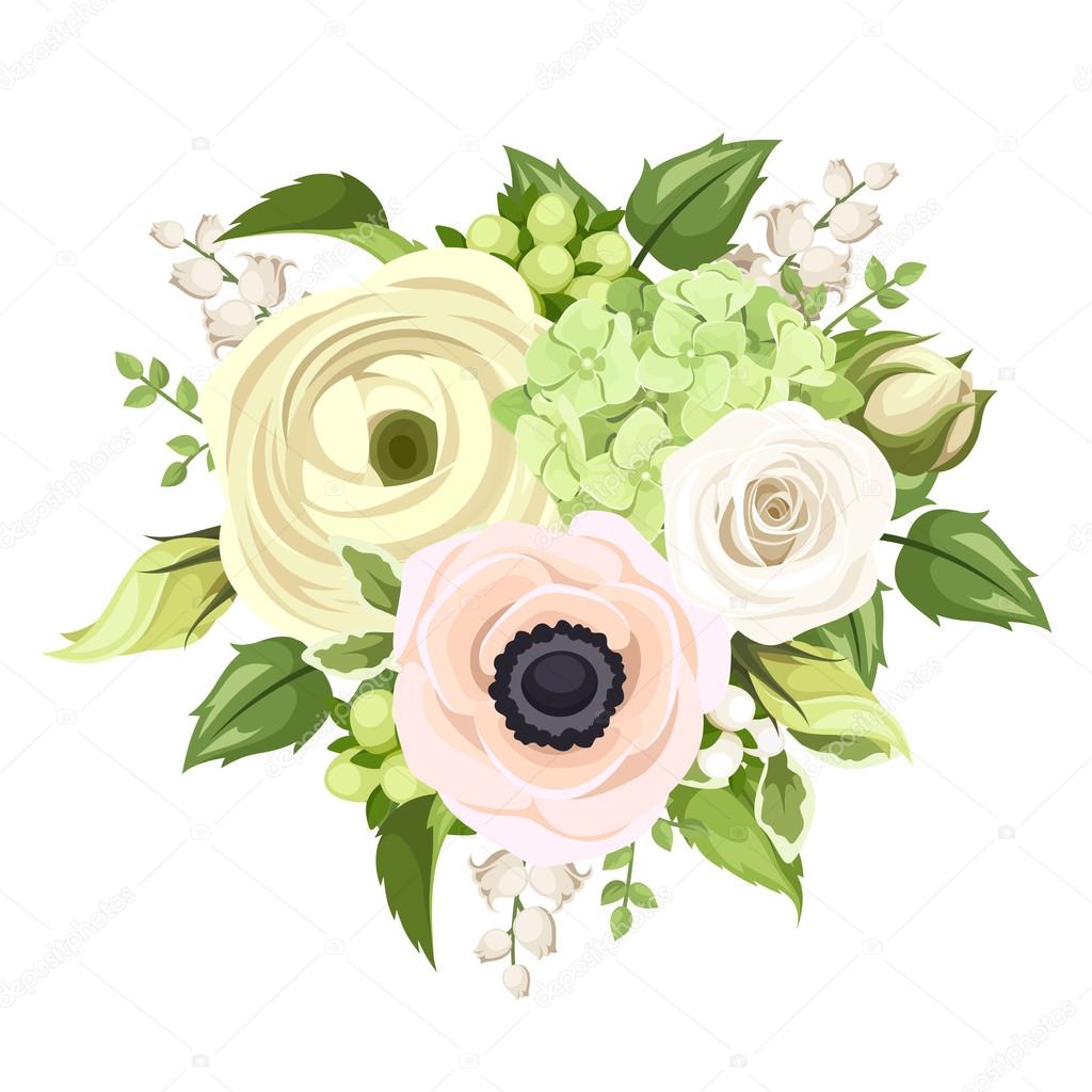 Bouquet with rose, anemone, ranunculus, lily of the valley and hydrangea flowers. Vector illustration.