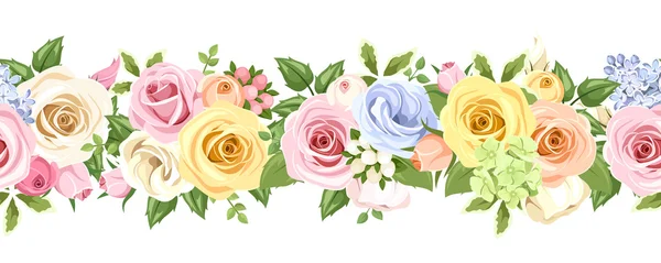 Horizontal seamless background with colorful roses and lisianthus flowers. Vector illustration. — Stock Vector