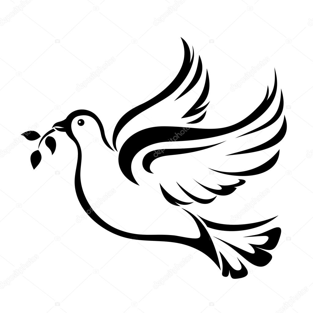 Vector black silhouette of a flying dove with olive branch on a white background.