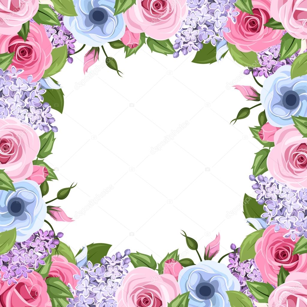 Frame with pink, blue and purple roses, lisianthus and lilac flowers. Vector illustration.