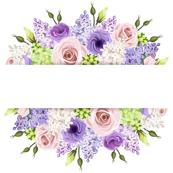 Background with pink, purple and white roses and lilac flowers. Vector eps-10. — Stock Vector