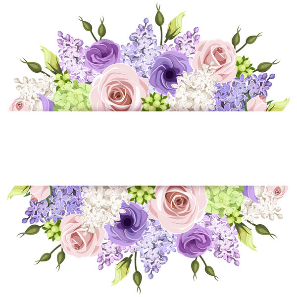 Background with pink, purple and white roses and lilac flowers. Vector eps-10.