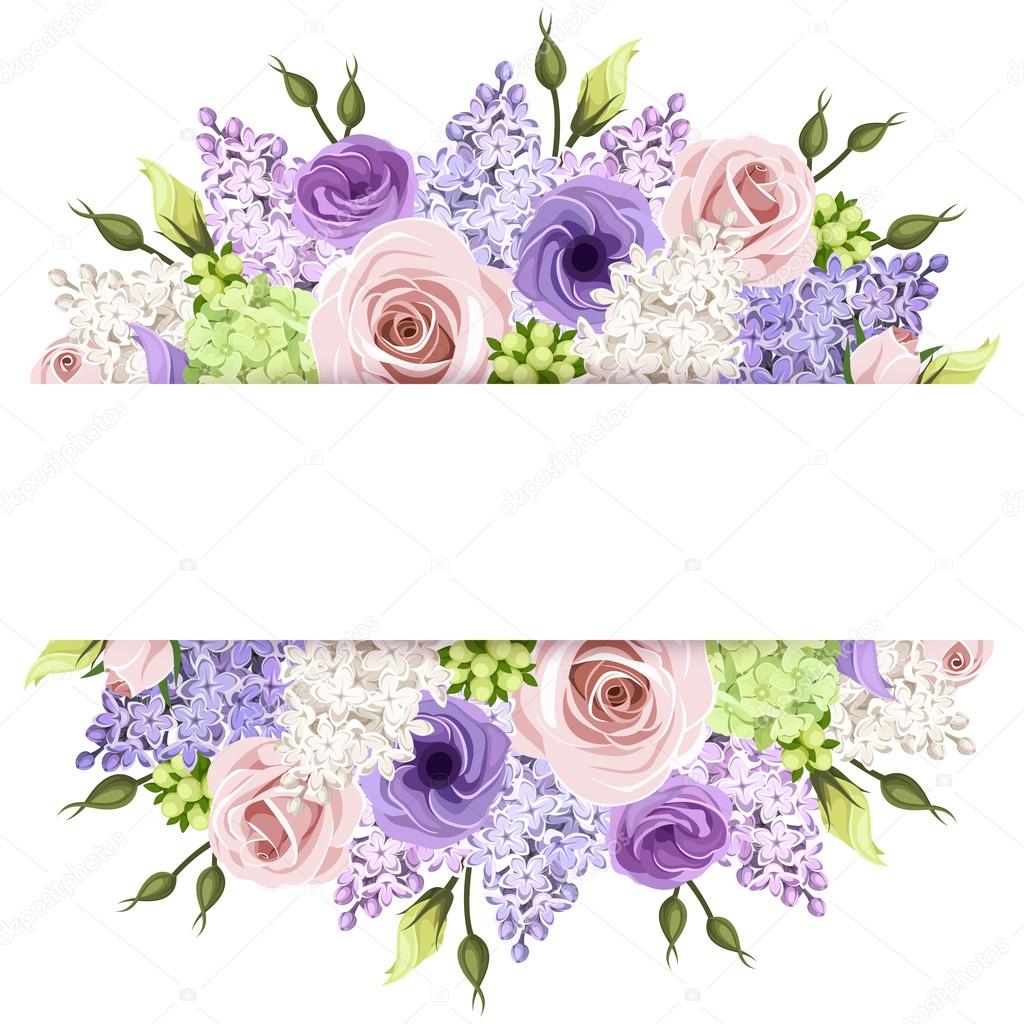 Background with pink, purple and white roses and lilac flowers. Vector eps-10.