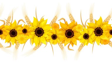 Horizontal seamless background with sunflowers and ears of wheat. Vector illustration. clipart