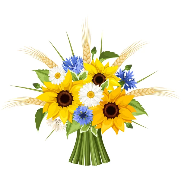 Bouquet di girasoli, margherite, fiordalisi e spighe di grano. Illustrazione vettoriale . — Vettoriale Stock