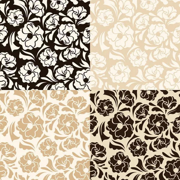 Set van vier naadloze beige en bruin bloemenpatronen. Vectorillustratie. — Stockvector